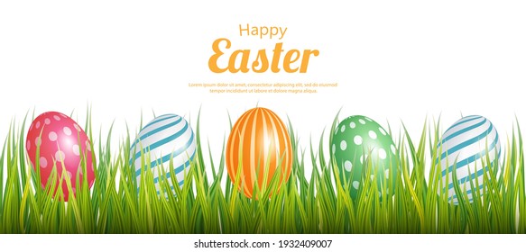 Afiche de Pascua y plancha de pancarta con huevos realistas y hierba. Imagen vectorial de la feliz fiesta de Pascua. Plantilla de banner para una tarjeta de saludo o plantilla de publicidad y compras para Pascua
