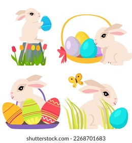 Easter poster and banner template set with Easter eggs and cute bunny on white background with tulips. Greetings and presents for Easter Day with traditional attributes. International spring holiday