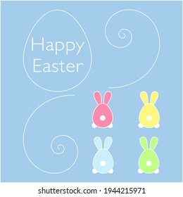 Easter poster and banner template with silhouette collection of colourful rabbits or eggs on light blue background . Greeting and presents for Easter Day in flat lay styling. Vector illustration.