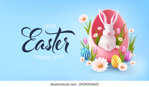 Póster de Pascua y plantilla de banner con conejo blanco dentro de un huevo rosa, huevos de colores, tulipanes, margaritas y flores de primavera sobre fondo azul para el día de Pascua.