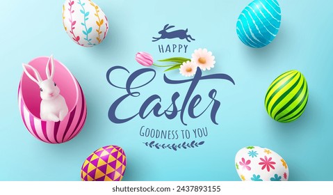 Easter poster and banner template with a white rabbit inside a easter egg on light green background.Greetings and presents for Easter Day in flat lay styling.Promotion and shopping template for Easter