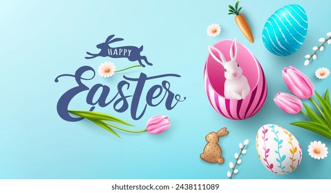 Easter poster and banner template with a white rabbit inside a pink egg ,Colorful Eggs , tulips and Spring Flowers on Blue Background for Easter Day.Promotion and shopping template for Easter