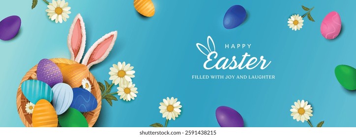 Easter poster and banner template with a white rabbit inside a easter egg on light green background.Greetings and presents for Easter Day in flat lay styling.Promotion and shopping template for Easter