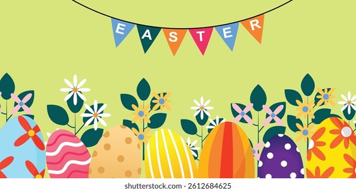 Easter poster and banner templates with spring theme with eggs and flowers and grass background. Greetings and gifts for Easter in flat style. Promotional and shopping templates for Easter