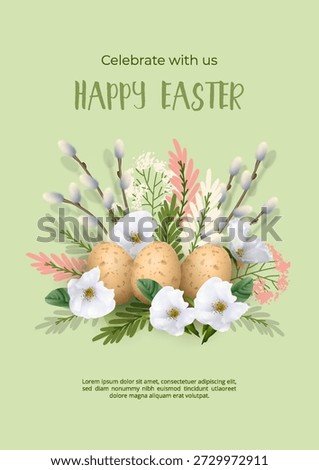 Easter poster. Beautiful bouquet of spring flowers, Easter eggs, willow branches. Easter Party invitation template with flowers