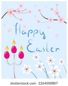 Easter poster with blooming branches and flowers.