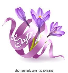 Easter poster with blue ribbon and crocus flowers. Vector illustration. illustration crocus flower. Spring crocus flower. Greeting easter card crocus flower. Beautiful crocus flower 