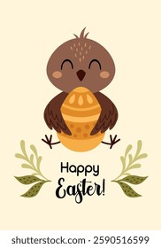 Easter poster. Boho Easter card. Happy Easter print in cartoon flat style. Hand draw vector illustration