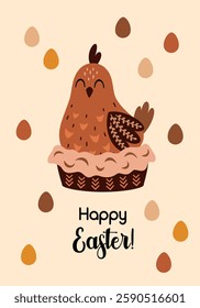 Easter poster. Boho Easter card. Happy Easter print in cartoon flat style. Hand draw vector illustration