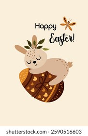 Easter poster. Boho Easter card. Happy Easter print in cartoon flat style. Hand draw vector illustration
