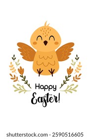 Easter poster. Boho Easter card. Happy Easter print in cartoon flat style. Hand draw vector illustration
