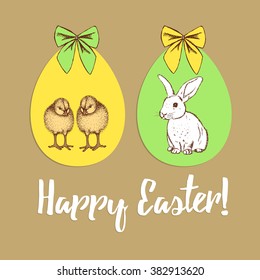 Easter poster with chi?ken, bunny and eggs in vintage style, vector