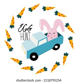Afiche de Pascua con coche, caza de huevos, zanahoria y conejo. Ilustración vectorial para tarjetas de felicitación, decoraciones de ventanas, ropa, carteles, volantes, sitios web, posts.