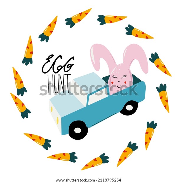 Easter poster with car, egg\
hunt, carrot and rabbit. Vector illustration for greeting cards,\
decorations of windows, clothes, banners, flyers, web sites,\
posts.