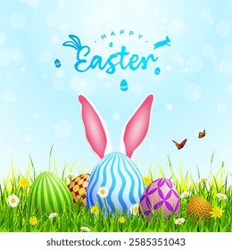 Easter poster, Easter card with bunny ears and eggs on grass