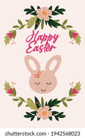 Easter poster celebration. rabbit cartoon with flowers decoration. Vector