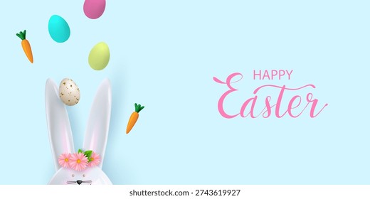 Easter poster with a ceramic bunny, flowers, and patterned flying Easter eggs. Easter greetings and gifts. Template for Easter advertising and shopping. Vector.