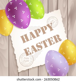 Easter poster with colorful eggs on wood background. vector illustration