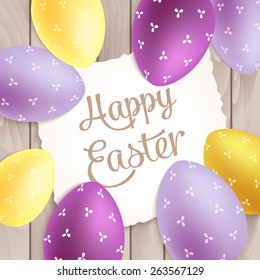 Easter poster with colorful eggs on wood background. vector illustration