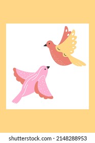 Easter poster with colorful flying birds on a yellow background. Vector illustration of a vintage dove of peace.