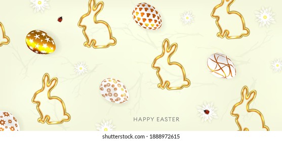 Easter poster with colourful eggs, gold decorative rabbit and place for text.