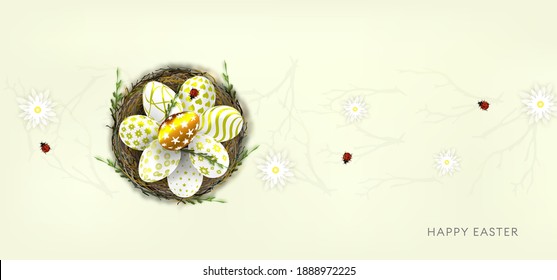 Easter poster with colourful eggs in a nest with place for text.