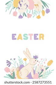 Easter poster with cute bunny, eggs and spring flowers on white background. Holiday design for covers, posters, banners, greeting cards with lettering. Vector illustration