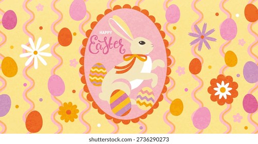 Easter poster with cute easter bunny in vintage colorful frame and easter painty eggs and flowers on wavy lines bright background. Holiday backdrop. Template for design,web,banner, post, sales. Vector