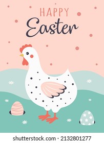 afiche de Pascua con pollo lindo, gallina graciosa de caricatura en estilo plano, ilustración vectorial para tarjetas de felicitación de vacaciones