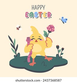 Easter poster. Cute funny chick with wishes. Cartoon Little bird holding pink earthworm and wildflower. Spring greeting card. Colorful letterig. Hand drawn illustration. Vector 