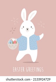 Easter poster with cute funny rabbit and basket of eggs. Vector illustration for holiday greeting cards