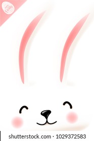 Easter poster with cute funny smiling rabbit muzzle, eyes, nose, mouth, cheeks, ears on white background. Cartoon easter bunny wishing happy holiday. Copy space. Vector illustration