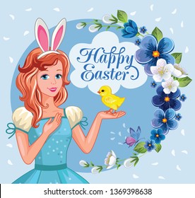 Easter poster. Cute girl with chicken. Flower frame. Vector.