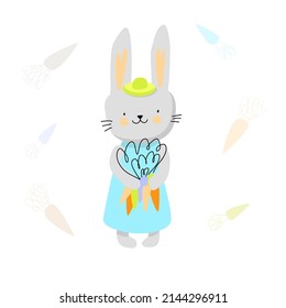  Afiche de Pascua lindo personaje de conejo en el sombrero con un montón de zanahorias. Diseño vectorial de primavera