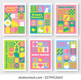 Easter poster design collection. Geometric retro style. Easter greeting cards. Happy Easter vector templates, poster. Trendy design with geometric shapes and typography. Bauhaus elements.