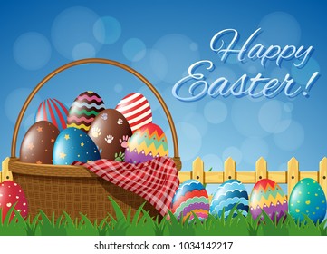 Easter poster design with eggs in basket illustration
