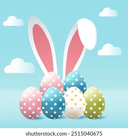 Easter poster design with eggs, clouds and bunny ear