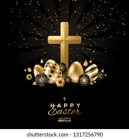 Easter poster design with golden cross, eggs and spring flowers on black background. Vector illustration. Place for your text