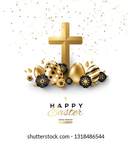 Easter poster design with golden cross, eggs and spring flowers on white background. Vector illustration. Place for your text