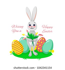 Easter poster design with Easter rabbit holding flowers. Vector illustration. 