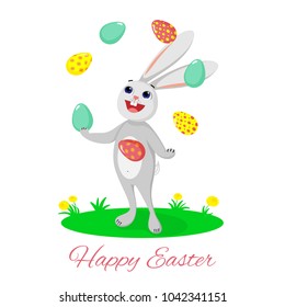 Easter poster design with Easter rabbit juggling eggs. Vector illustration. 