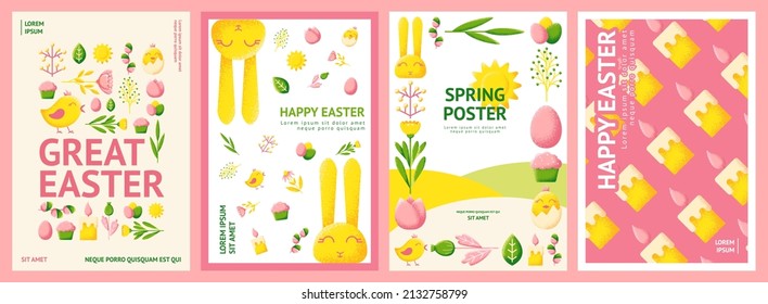Easter poster. Easters eggs, rabbit and flowers. Spring pastel invitation, greetings cards with cute graphic textured elements. Geometric swanky vector template