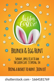 Easter poster with egg and bunny ears. Silhouette of egg with white rabbit and handwriting inscription Happy Easter. Yellow vector background and flowers. Lettering, calligraphy. Cut paper effect.