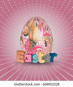 Easter poster, egg on pink pattern. Eggs with floral doodle pattern and 3d letters. Vector