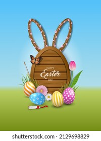 Easter poster. Egg shaped wooden board with rabbit ears on spring landscape. Happy Easter background with eggs and flowers
