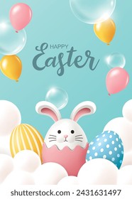 Easter poster with Easter eggs and balloons on pastel green background.