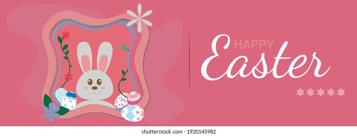 Easter poster with eggs and bunny surrounded by cut paper effect type frame , with text on right side .Color background. Vector illustration.Stock Vector