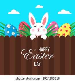 Easter poster with eggs and bunny.Happy Easter Day. Greetings and gifts for Easter in a flat style.Promotion and shopping template. Banner template for Easter