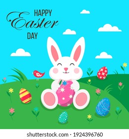 Easter poster with eggs and bunny.Happy Easter Day. Greetings and gifts for Easter in a flat style.Promotion and shopping template. Banner template for Easter