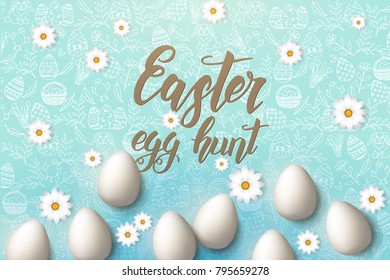 Easter poster with eggs, chamomile, hand made trendy lettering "Easter egg hunt" and paschal symbols in sketch style on blue. Banner, flyer, brochure. Background for holidays, postcards, websites